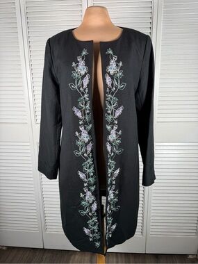 David N Black Linen Blend Embroidered Duster Jacket Size 12 Floral Open Front